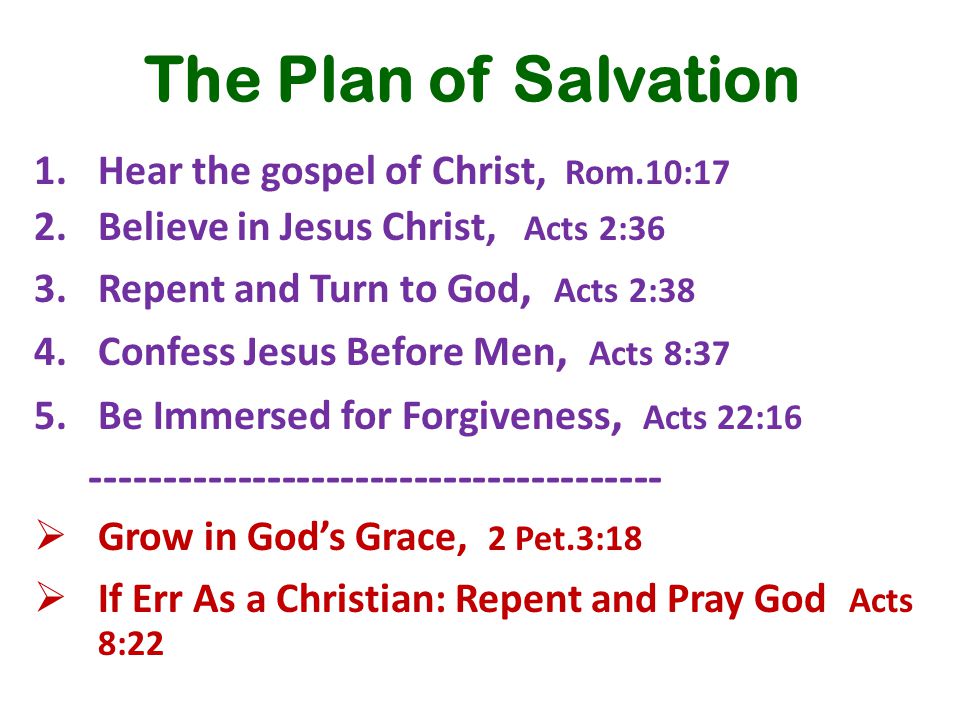 The Plan of Salvation 1.Hear the gospel of Christ, Rom.10:17 2.Believe in Jesus Christ, Acts 2:36 3.Repent and Turn to God, Acts 2:38 4.Confess Jesus Before Men, Acts 8:37 5.Be Immersed for Forgiveness, Acts 22:  Grow in God’s Grace, 2 Pet.3:18  If Err As a Christian: Repent and Pray God Acts 8:22