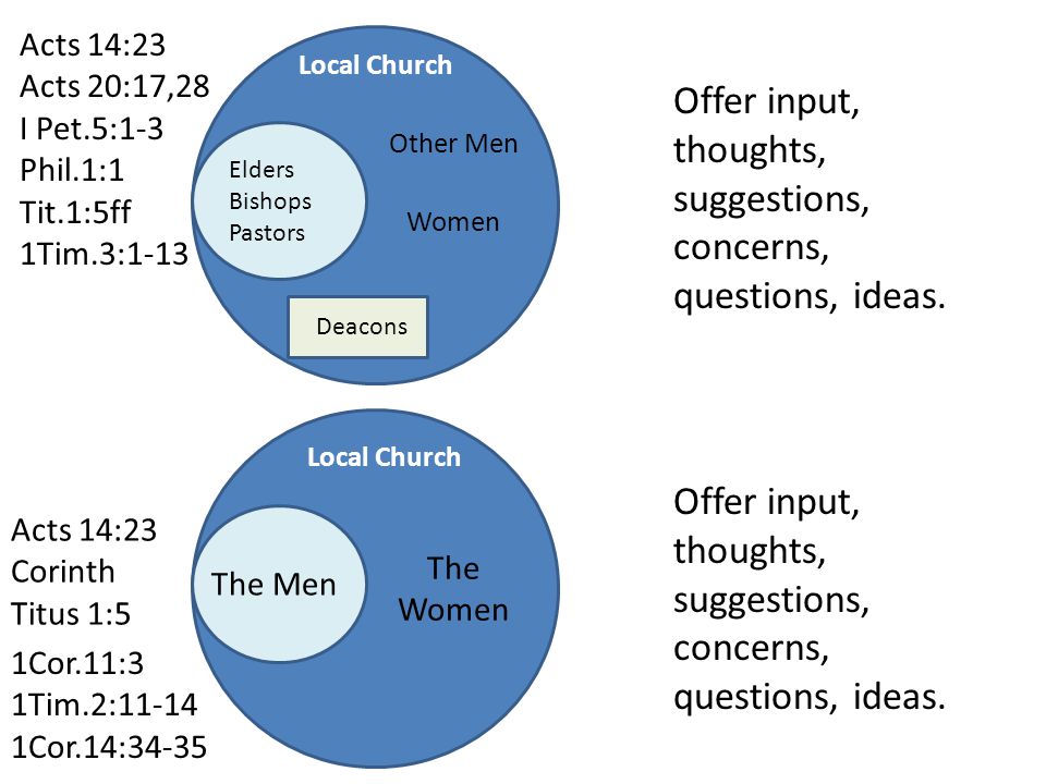 Elders Bishops Pastors Local Church The Men Deacons Other Men Women Offer input, thoughts, suggestions, concerns, questions, ideas.