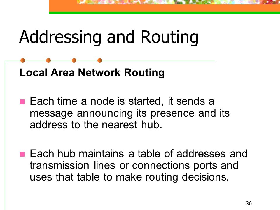 36 Addressing and Routing Local Area Network Routing Each time a node is started, it sends a message announcing its presence and its address to the nearest hub.