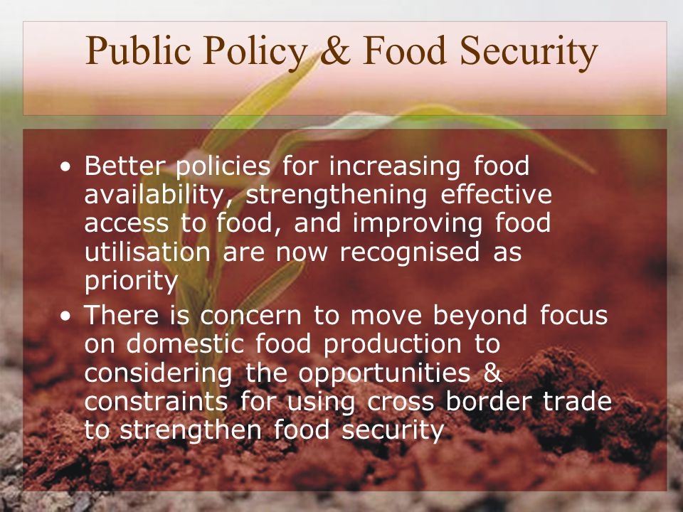 Public Policy & Food Security Better policies for increasing food availability, strengthening effective access to food, and improving food utilisation are now recognised as priority There is concern to move beyond focus on domestic food production to considering the opportunities & constraints for using cross border trade to strengthen food security