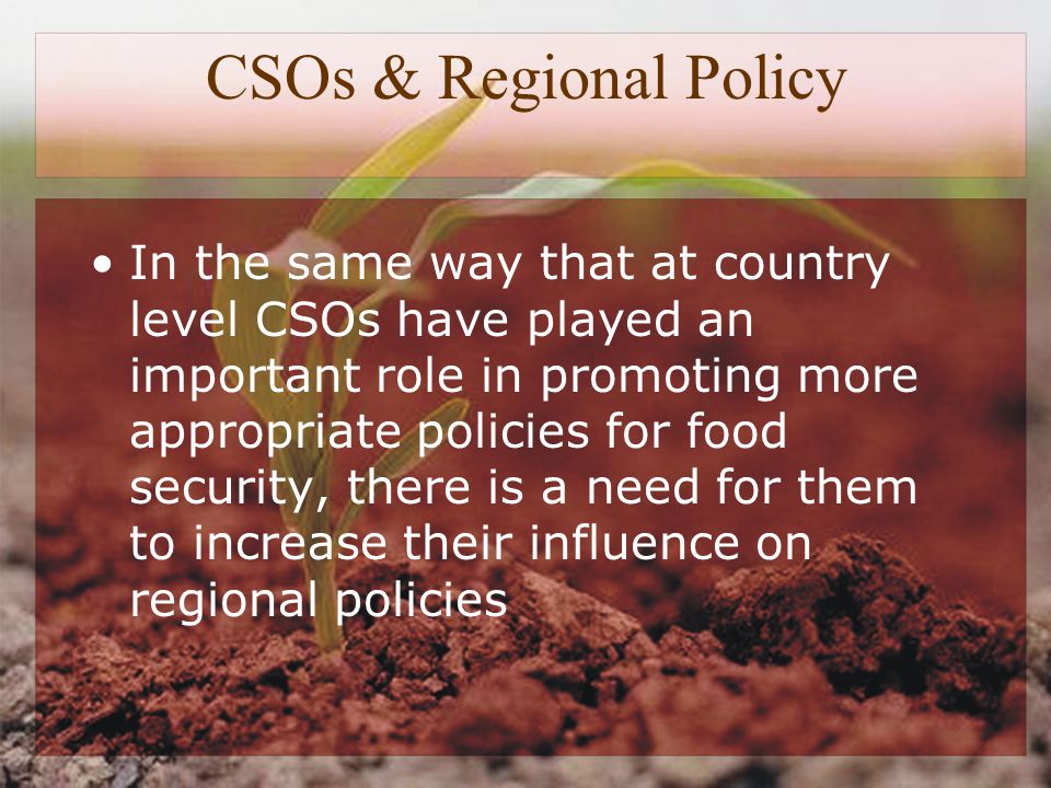CSOs & Regional Policy In the same way that at country level CSOs have played an important role in promoting more appropriate policies for food security, there is a need for them to increase their influence on regional policies