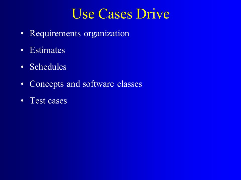 Use Cases Drive Requirements organization Estimates Schedules Concepts and software classes Test cases