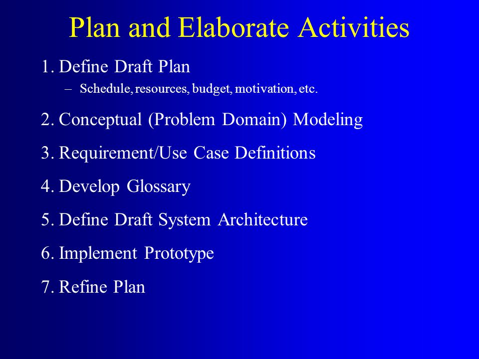 Plan and Elaborate Activities 1.Define Draft Plan –Schedule, resources, budget, motivation, etc.