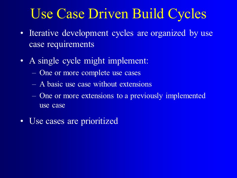 Use Case Driven Build Cycles Iterative development cycles are organized by use case requirements A single cycle might implement: –One or more complete use cases –A basic use case without extensions –One or more extensions to a previously implemented use case Use cases are prioritized