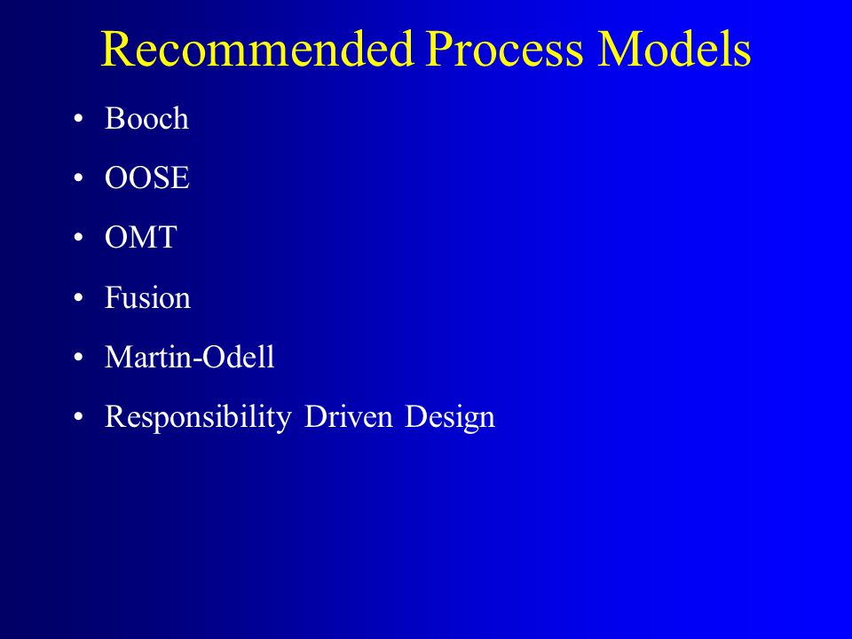 Recommended Process Models Booch OOSE OMT Fusion Martin-Odell Responsibility Driven Design
