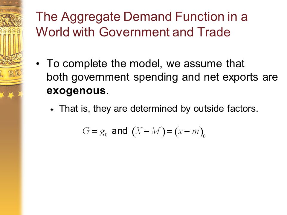 The Aggregate Demand Function in a World with Government and Trade To complete the model, we assume that both government spending and net exports are exogenous.
