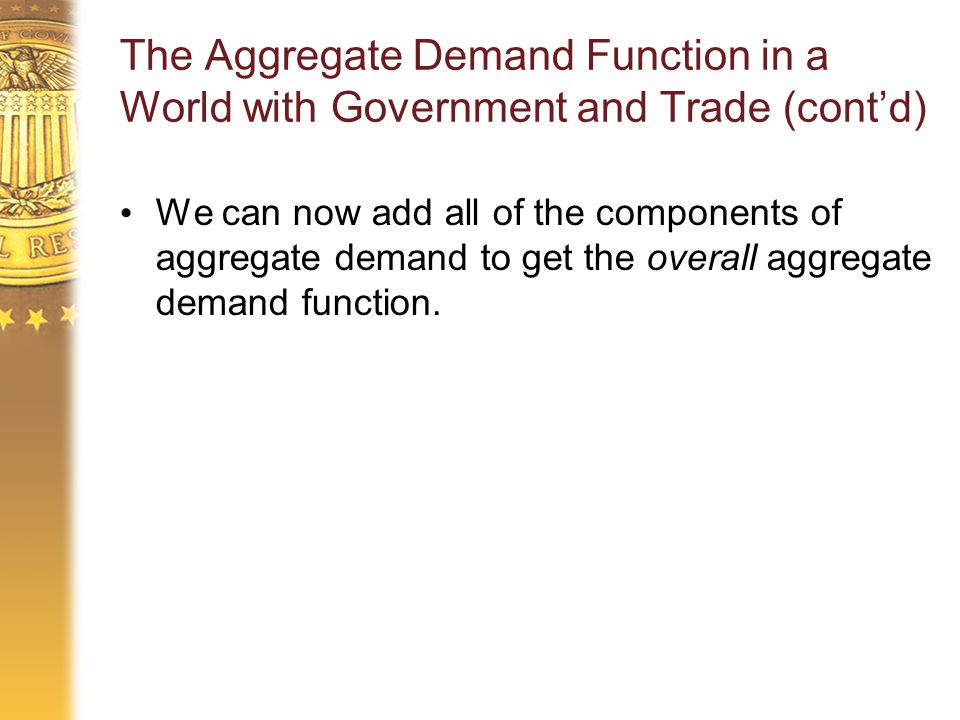 The Aggregate Demand Function in a World with Government and Trade (cont’d) We can now add all of the components of aggregate demand to get the overall aggregate demand function.