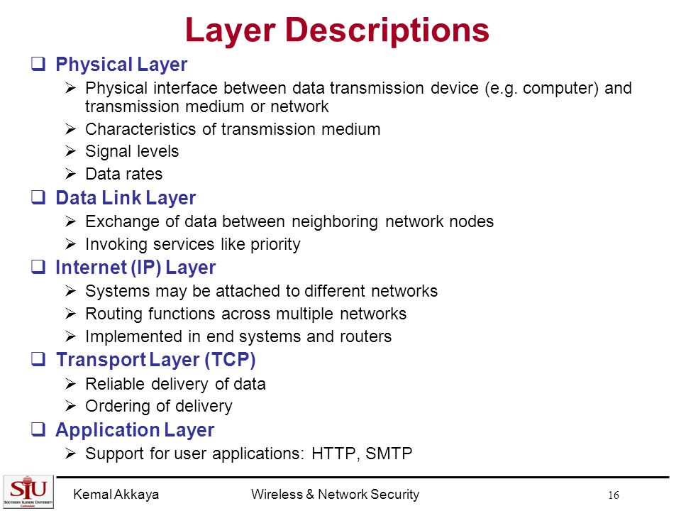 Kemal AkkayaWireless & Network Security 16 Layer Descriptions  Physical Layer  Physical interface between data transmission device (e.g.