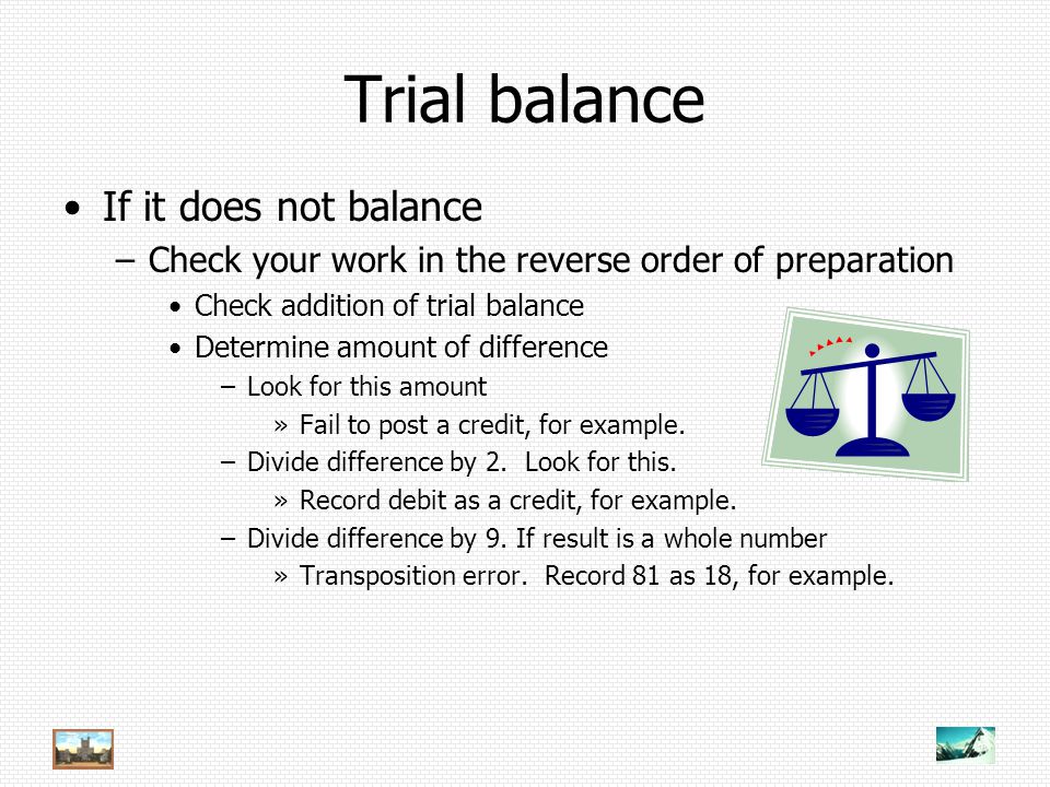 Trial balance If it does not balance –Check your work in the reverse order of preparation Check addition of trial balance Determine amount of difference –Look for this amount »Fail to post a credit, for example.