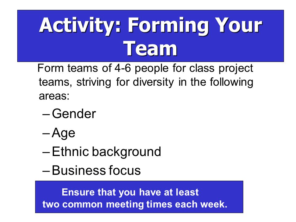 Form teams of 4-6 people for class project teams, striving for diversity in the following areas: –Gender –Age –Ethnic background –Business focus Ensure that you have at least two common meeting times each week.