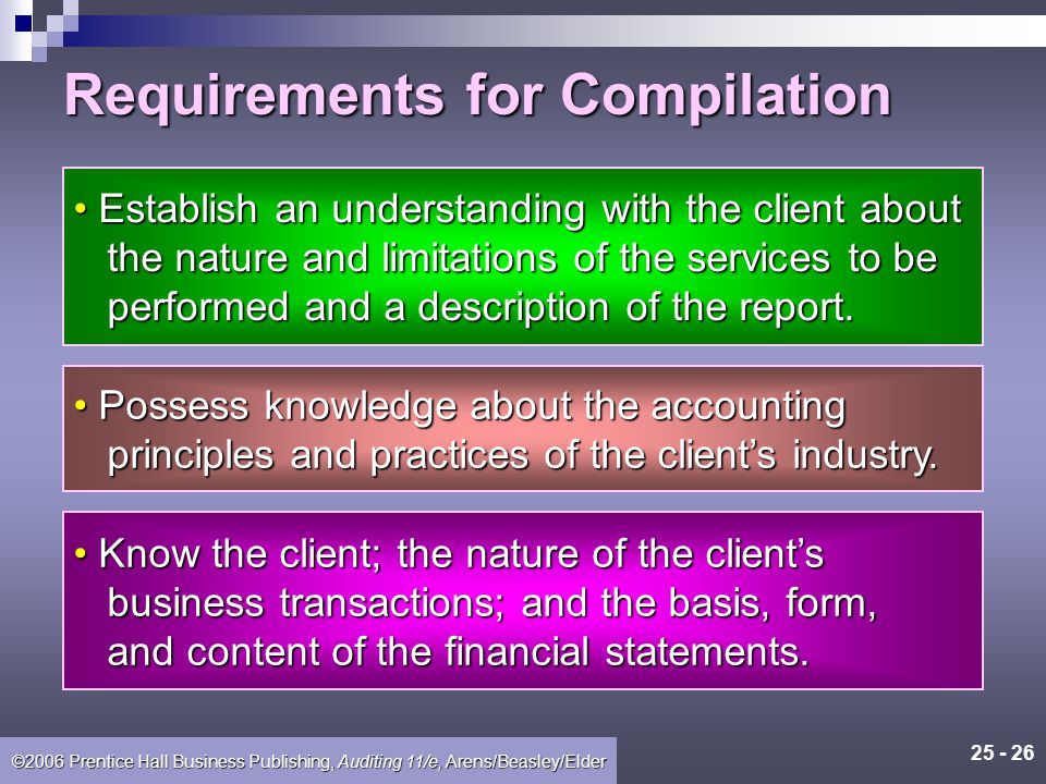 ©2006 Prentice Hall Business Publishing, Auditing 11/e, Arens/Beasley/Elder Compilation Services A compilation service engagement is defined in SSARS as one in which the accountant presents to a client or third party financial statements that the accountant has prepared.
