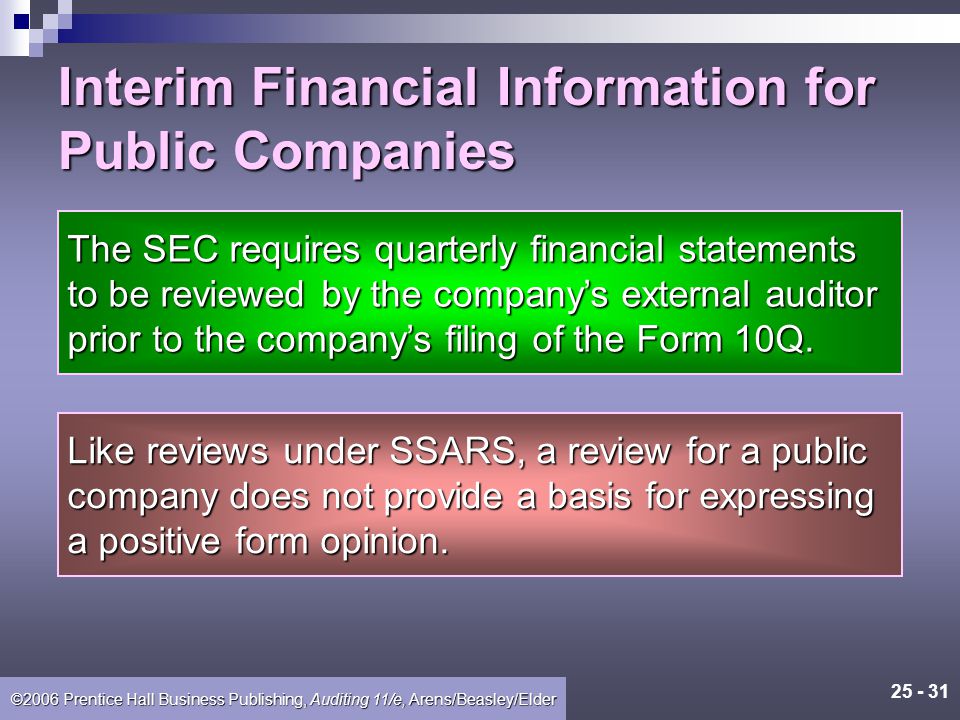©2006 Prentice Hall Business Publishing, Auditing 11/e, Arens/Beasley/Elder Learning Objective 7 Describe special engagements to review interim financial information for public companies.