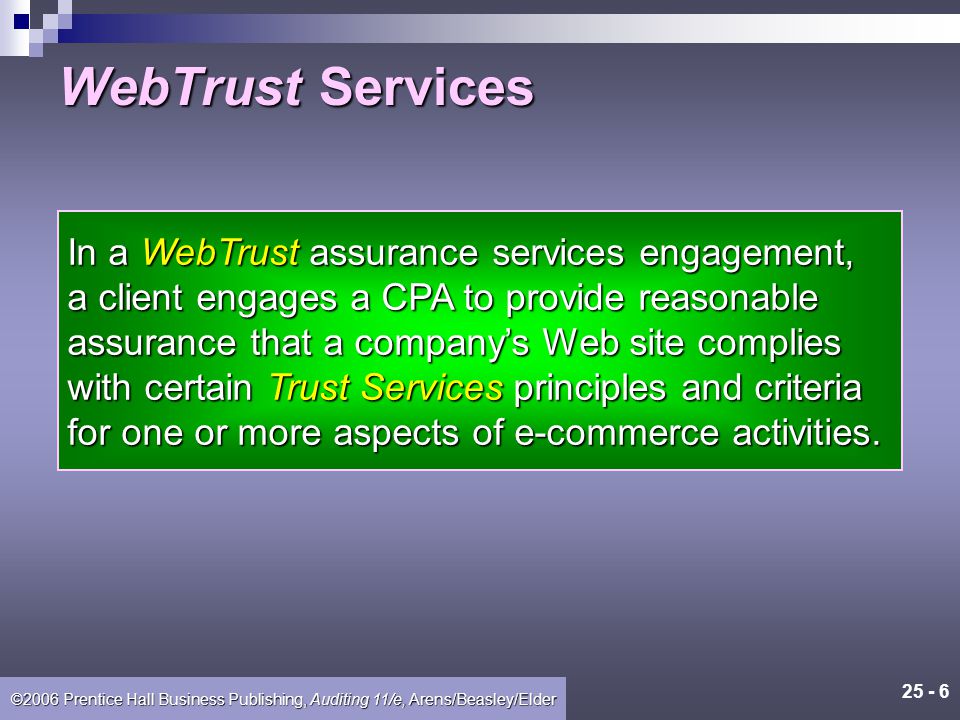 ©2006 Prentice Hall Business Publishing, Auditing 11/e, Arens/Beasley/Elder Learning Objective 2 Understand the nature of WebTrust assurance services.
