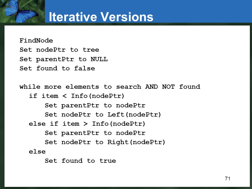 71 Iterative Versions FindNode Set nodePtr to tree Set parentPtr to NULL Set found to false while more elements to search AND NOT found if item < Info(nodePtr) Set parentPtr to nodePtr Set nodePtr to Left(nodePtr) else if item > Info(nodePtr) Set parentPtr to nodePtr Set nodePtr to Right(nodePtr) else Set found to true