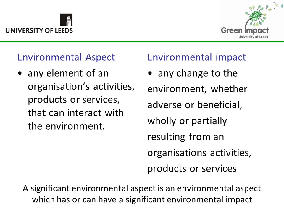 A significant environmental aspect is an environmental aspect which has or can have a significant environmental impact Environmental Aspect any element of an organisation’s activities, products or services, that can interact with the environment.