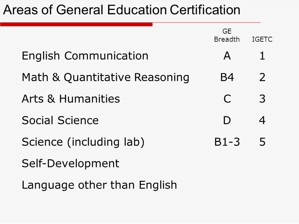 GE BreadthIGETC English CommunicationA1 Math & Quantitative ReasoningB42 Arts & HumanitiesC3 Social ScienceD4 Science (including lab)B1-35 Self-Development Language other than English Areas of General Education Certification