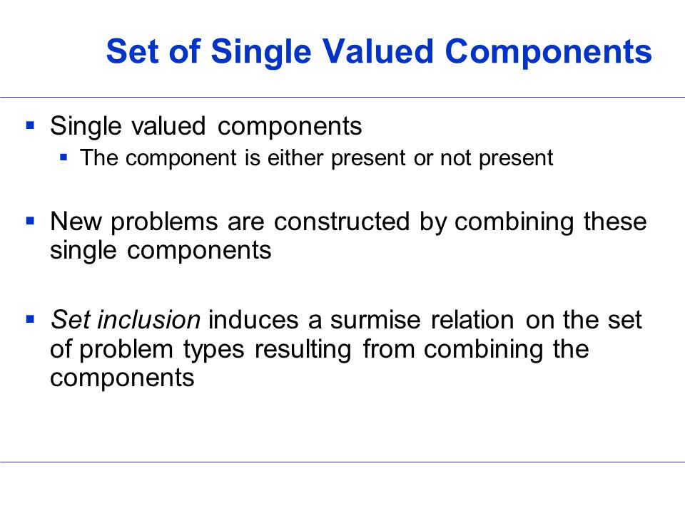  Single valued components  The component is either present or not present  New problems are constructed by combining these single components  Set inclusion induces a surmise relation on the set of problem types resulting from combining the components Set of Single Valued Components
