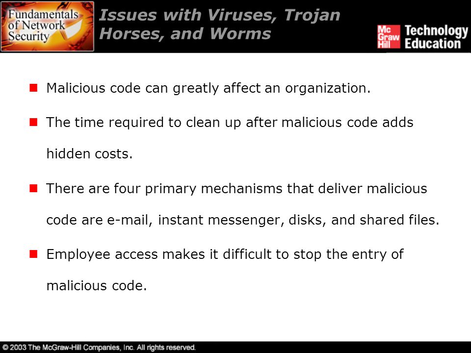 Issues with Viruses, Trojan Horses, and Worms Malicious code can greatly affect an organization.