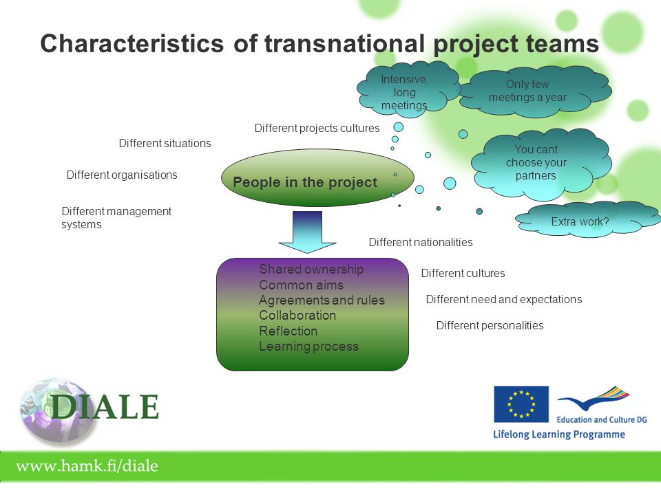 Characteristics of transnational project teams People in the project Different management systems Different projects cultures Different situations Different organisations Different need and expectations Different cultures Different nationalities Different personalities Shared ownership Common aims Agreements and rules Collaboration Reflection Learning process You cant choose your partners Only few meetings a year Intensive, long meetings Extra work