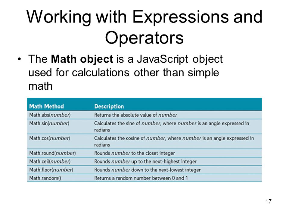 17 Working with Expressions and Operators The Math object is a JavaScript object used for calculations other than simple math
