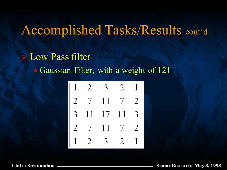 Chitra SivanandamSenior Research: May 8, 1998 Accomplished Tasks/Results cont’d  Low Pass filter  Gaussian Filter, with a weight of 121