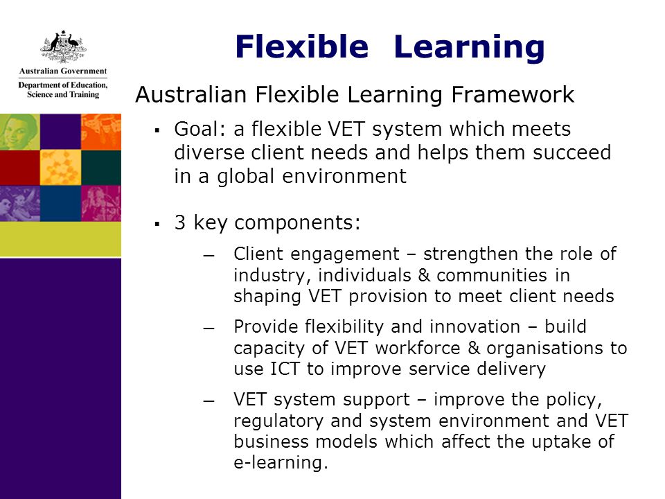 Flexible Learning Australian Flexible Learning Framework  Goal: a flexible VET system which meets diverse client needs and helps them succeed in a global environment  3 key components: — Client engagement – strengthen the role of industry, individuals & communities in shaping VET provision to meet client needs — Provide flexibility and innovation – build capacity of VET workforce & organisations to use ICT to improve service delivery — VET system support – improve the policy, regulatory and system environment and VET business models which affect the uptake of e-learning.
