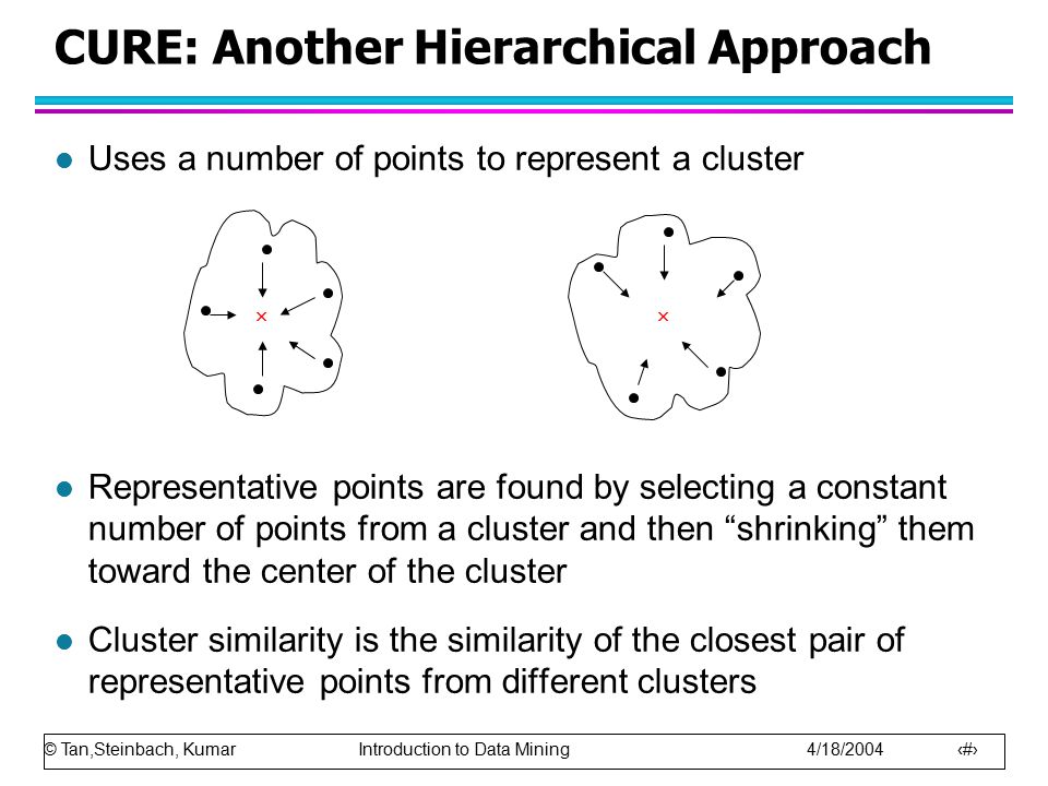 © Tan,Steinbach, Kumar Introduction to Data Mining 4/18/ l Uses a number of points to represent a cluster l Representative points are found by selecting a constant number of points from a cluster and then shrinking them toward the center of the cluster l Cluster similarity is the similarity of the closest pair of representative points from different clusters CURE: Another Hierarchical Approach 