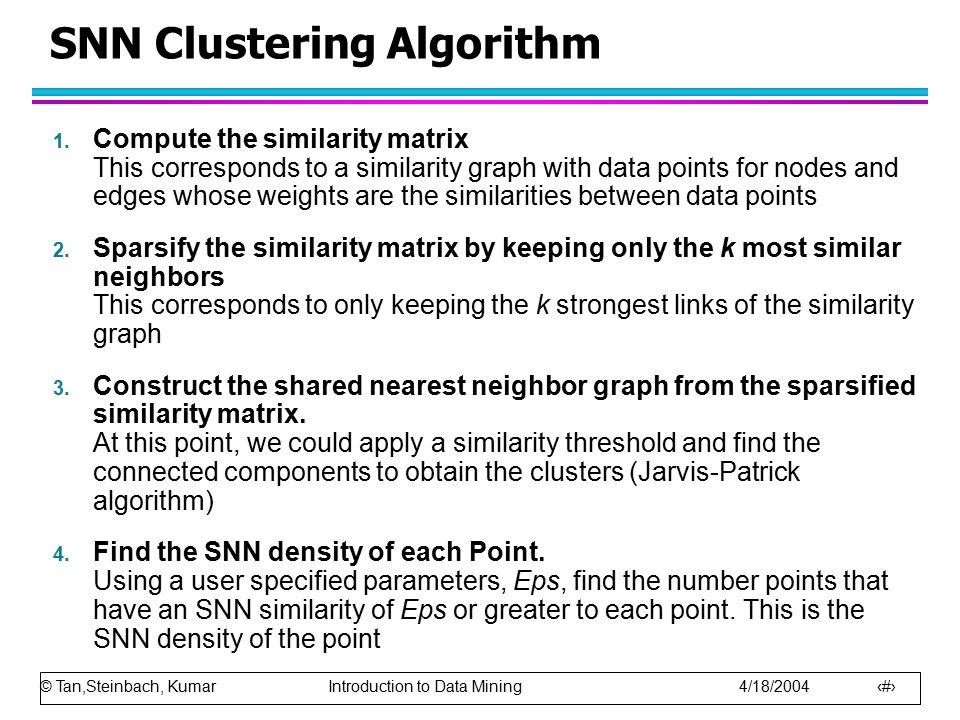 © Tan,Steinbach, Kumar Introduction to Data Mining 4/18/ SNN Clustering Algorithm 1.