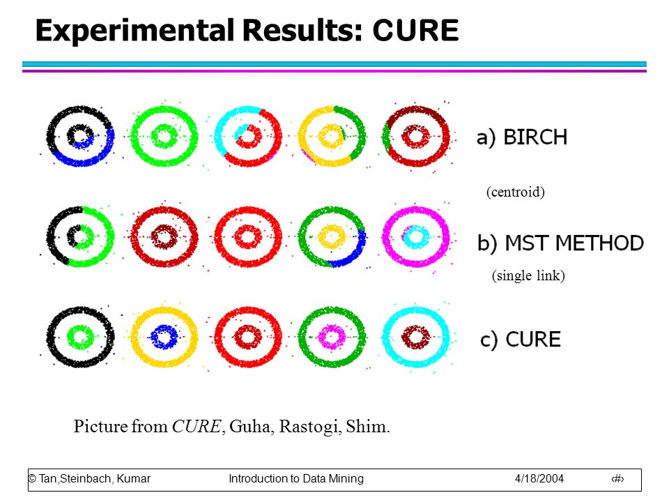 © Tan,Steinbach, Kumar Introduction to Data Mining 4/18/ Experimental Results: CURE Picture from CURE, Guha, Rastogi, Shim.