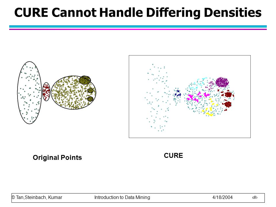© Tan,Steinbach, Kumar Introduction to Data Mining 4/18/ CURE Cannot Handle Differing Densities Original Points CURE