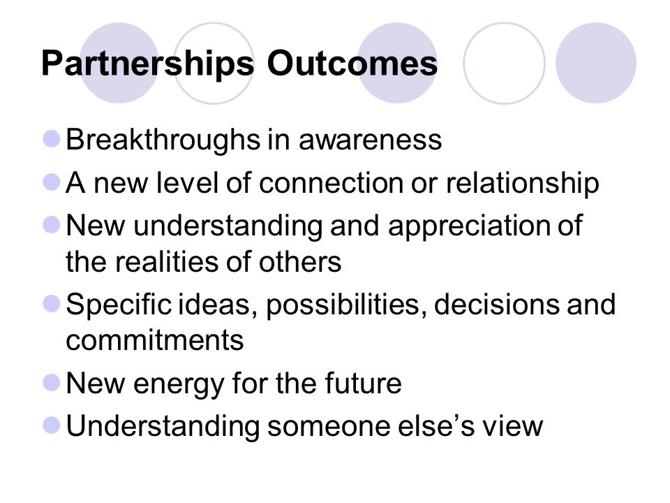 Partnerships Outcomes Breakthroughs in awareness A new level of connection or relationship New understanding and appreciation of the realities of others Specific ideas, possibilities, decisions and commitments New energy for the future Understanding someone else’s view