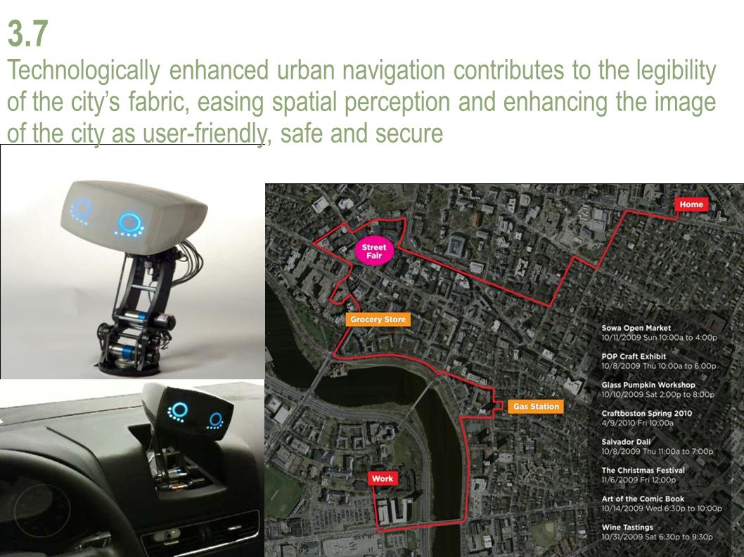 3.7 Technologically enhanced urban navigation contributes to the legibility of the city’s fabric, easing spatial perception and enhancing the image of the city as user-friendly, safe and secure