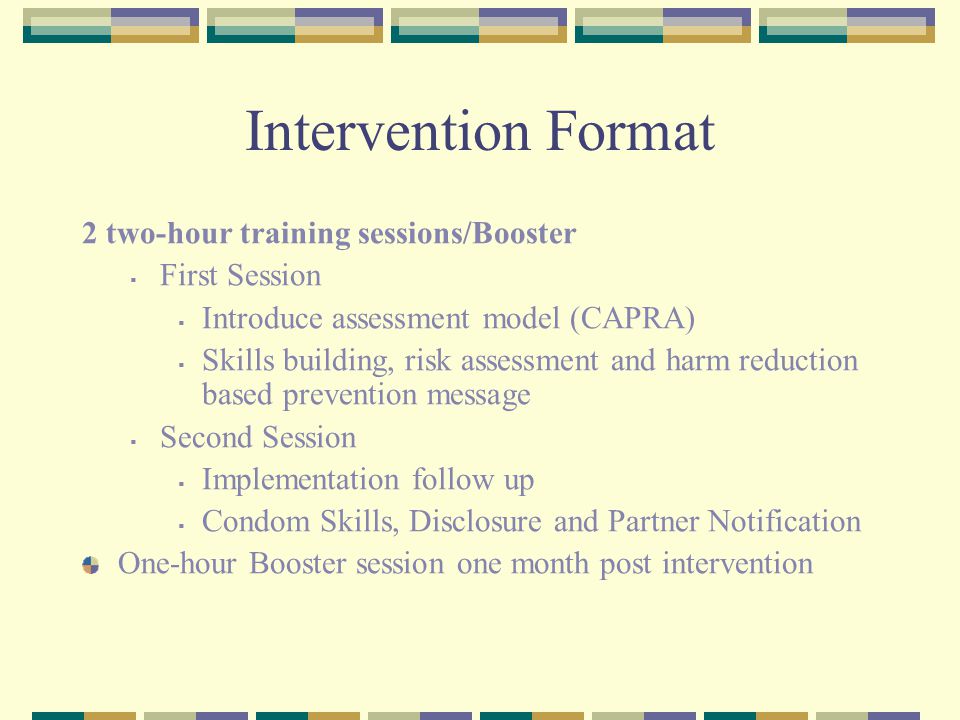 Intervention Format 2 two-hour training sessions/Booster  First Session  Introduce assessment model (CAPRA)  Skills building, risk assessment and harm reduction based prevention message  Second Session  Implementation follow up  Condom Skills, Disclosure and Partner Notification One-hour Booster session one month post intervention