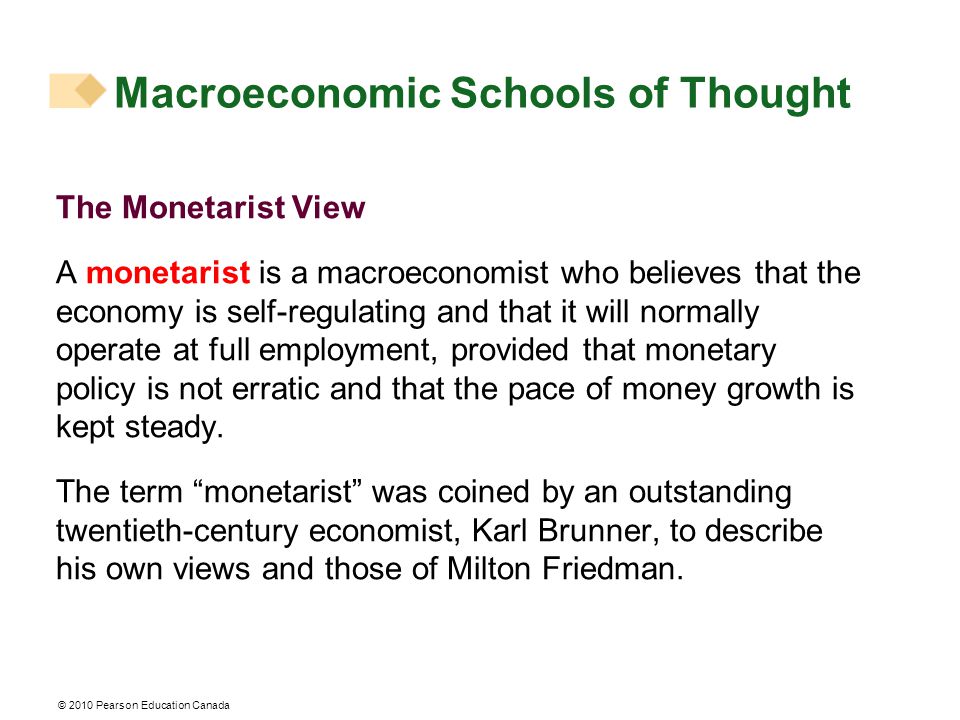 © 2010 Pearson Education Canada Macroeconomic Schools of Thought The Monetarist View A monetarist is a macroeconomist who believes that the economy is self-regulating and that it will normally operate at full employment, provided that monetary policy is not erratic and that the pace of money growth is kept steady.