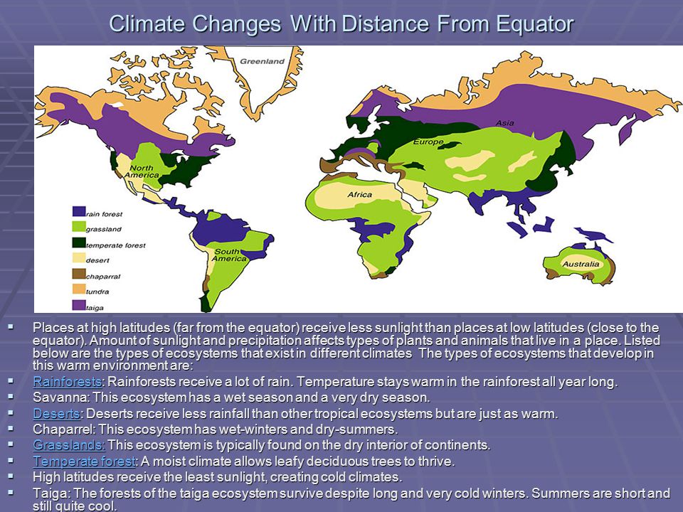 Climate Changes With Distance From Equator  Places at high latitudes (far from the equator) receive less sunlight than places at low latitudes (close to the equator).