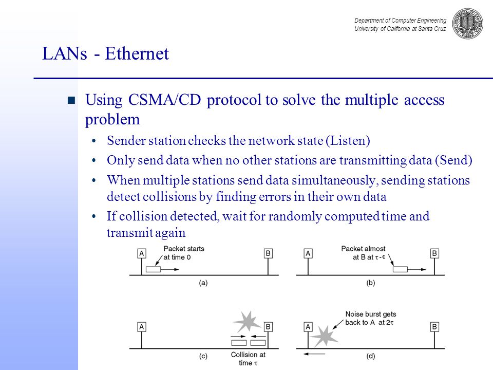Department of Computer Engineering University of California at Santa Cruz LANs - Ethernet n Using CSMA/CD protocol to solve the multiple access problem Sender station checks the network state (Listen) Only send data when no other stations are transmitting data (Send) When multiple stations send data simultaneously, sending stations detect collisions by finding errors in their own data If collision detected, wait for randomly computed time and transmit again