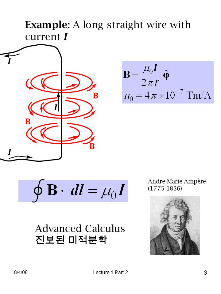 8/4/08Lecture 1 Part 2 3 Example: A long straight wire with current I Andre-Marie Ampère ( ) Advanced Calculus 진보된 미적분학