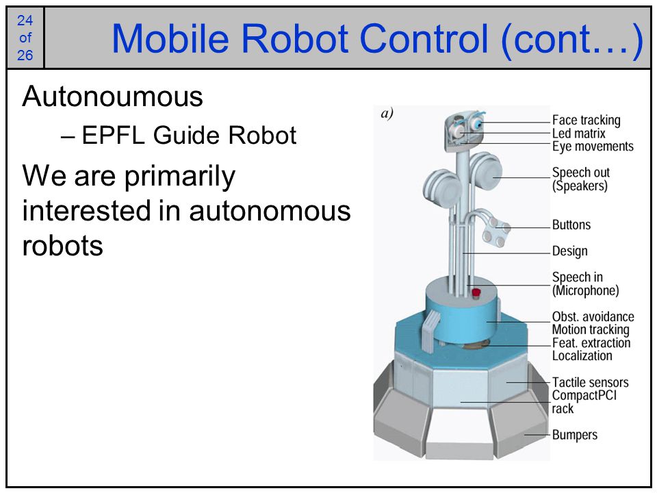 24 of of 26 Mobile Robot Control (cont…) Autonoumous –EPFL Guide Robot We are primarily interested in autonomous robots