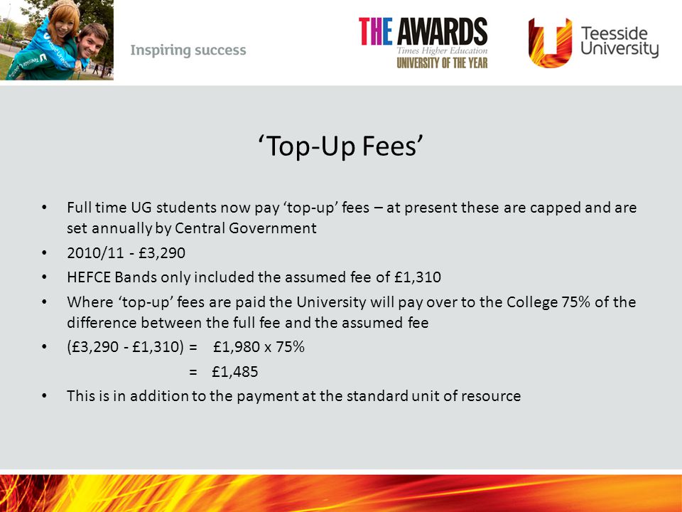 ‘Top-Up Fees’ Full time UG students now pay ‘top-up’ fees – at present these are capped and are set annually by Central Government 2010/11 - £3,290 HEFCE Bands only included the assumed fee of £1,310 Where ‘top-up’ fees are paid the University will pay over to the College 75% of the difference between the full fee and the assumed fee (£3,290 - £1,310) = £1,980 x 75% =£1,485 This is in addition to the payment at the standard unit of resource