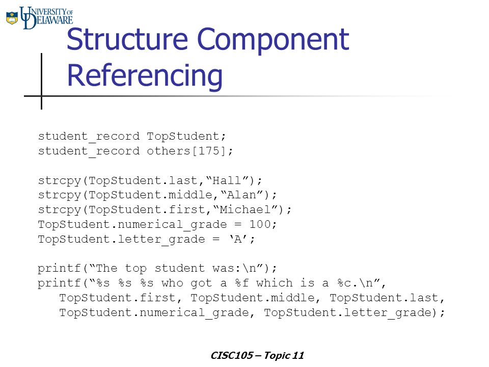 CISC105 – Topic 11 Structure Component Referencing student_record TopStudent; student_record others[175]; strcpy(TopStudent.last, Hall ); strcpy(TopStudent.middle, Alan ); strcpy(TopStudent.first, Michael ); TopStudent.numerical_grade = 100; TopStudent.letter_grade = ‘A’; printf( The top student was:\n ); printf( %s %s %s who got a %f which is a %c.\n , TopStudent.first, TopStudent.middle, TopStudent.last, TopStudent.numerical_grade, TopStudent.letter_grade);