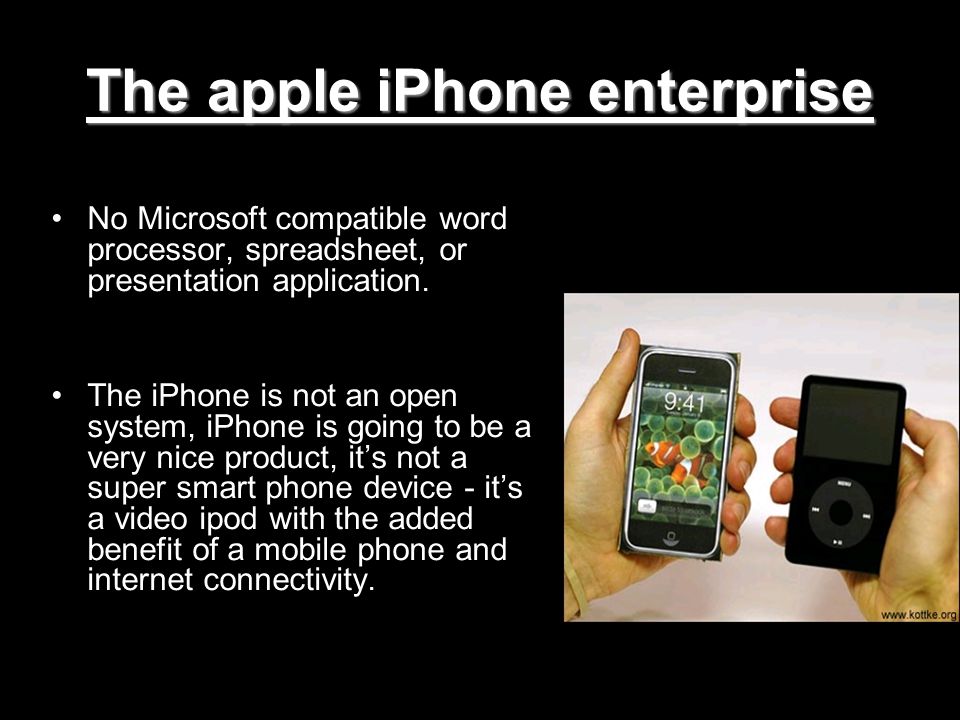The apple iPhone enterprise No Microsoft compatible word processor, spreadsheet, or presentation application.