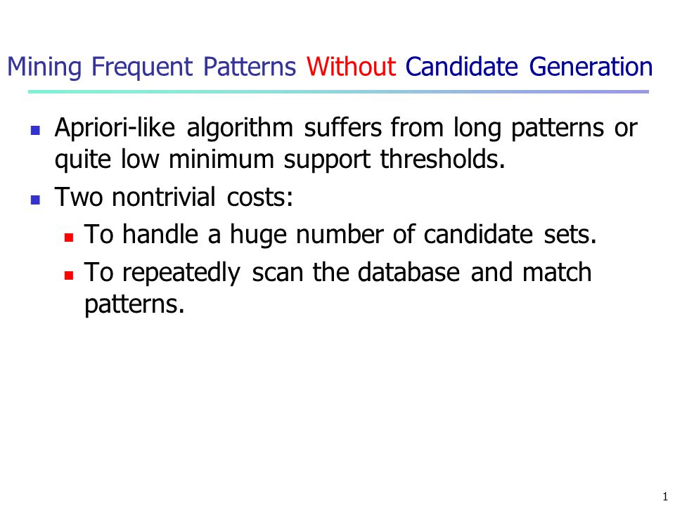 1 Mining Frequent Patterns Without Candidate Generation Apriori-like algorithm suffers long patterns or quite low minimum support thresholds. Two. - ppt download