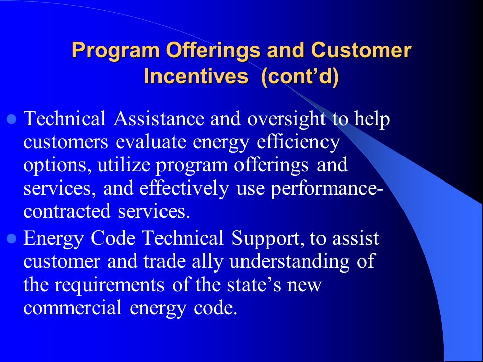 Program Offerings and Customer Incentives (cont’d) Technical Assistance and oversight to help customers evaluate energy efficiency options, utilize program offerings and services, and effectively use performance- contracted services.