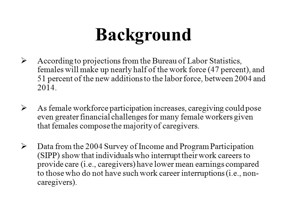 Background  According to projections from the Bureau of Labor Statistics, females will make up nearly half of the work force (47 percent), and 51 percent of the new additions to the labor force, between 2004 and 2014.