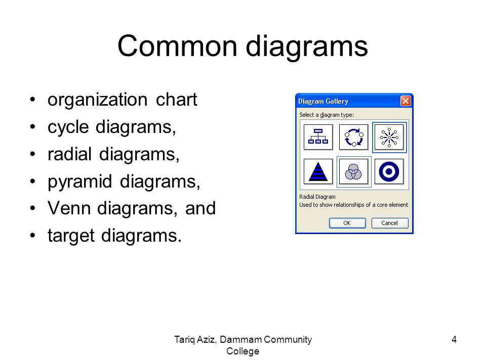 Tariq Aziz, Dammam Community College 3 Creating a Diagram To present hierarchical data or other types of information, you can create and insert diagrams in a document.