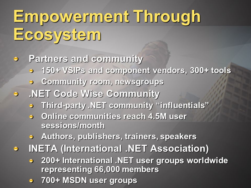 Empowerment Through Ecosystem Partners and community 150+ VSIPs and component vendors, 300+ tools Community room, newsgroups.NET Code Wise Community Third-party.NET community influentials Online communities reach 4.5M user sessions/month Authors, publishers, trainers, speakers INETA (International.NET Association) 200+ International.NET user groups worldwide representing 66,000 members 700+ MSDN user groups