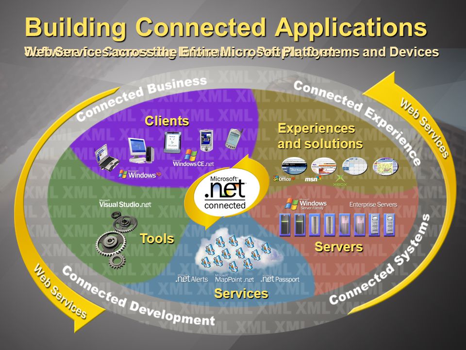 Building Connected Applications Servers Experiences and solutions Clients Services Tools Software for Connecting Information, People, Systems and Devices Web Services across the Entire Microsoft Platform