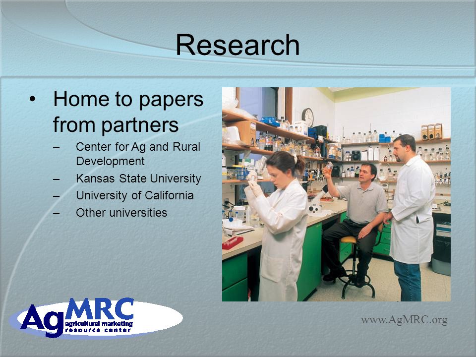 Research Home to papers from partners –Center for Ag and Rural Development –Kansas State University –University of California –Other universities