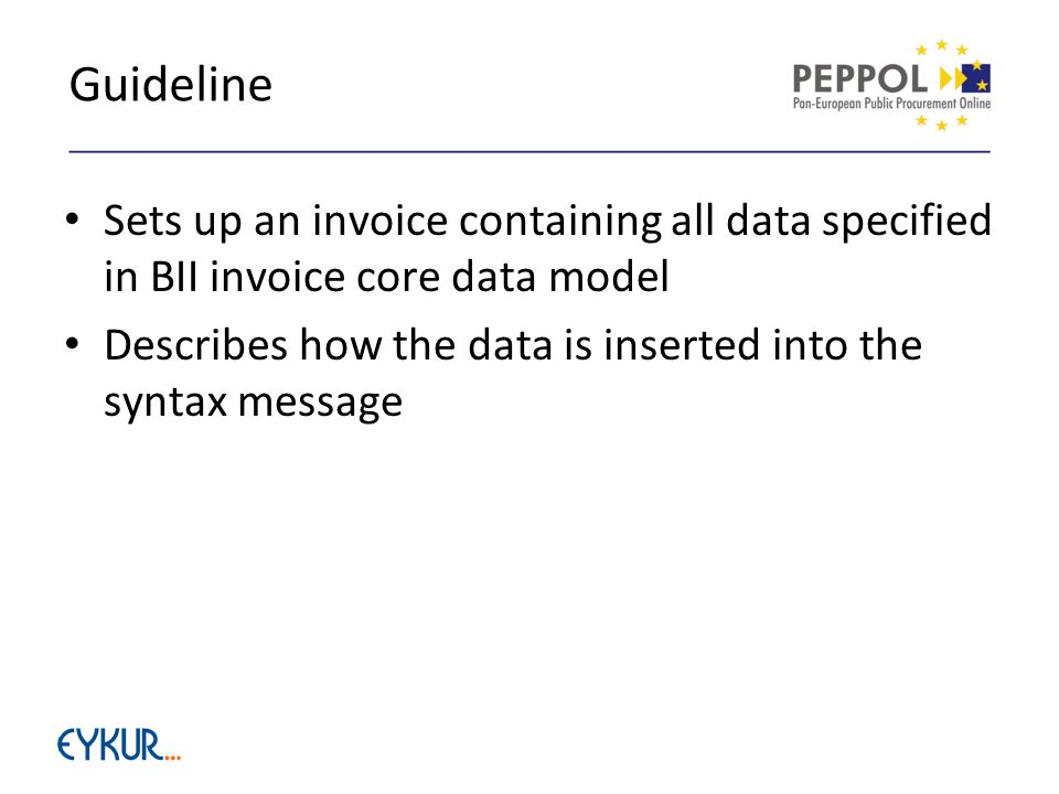 Guideline Sets up an invoice containing all data specified in BII invoice core data model Describes how the data is inserted into the syntax message