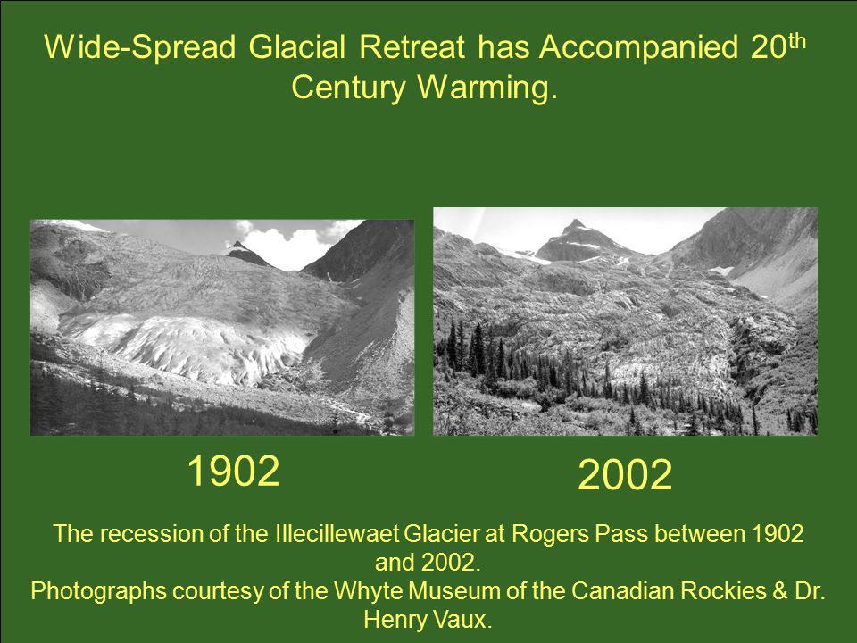 The recession of the Illecillewaet Glacier at Rogers Pass between 1902 and 2002.
